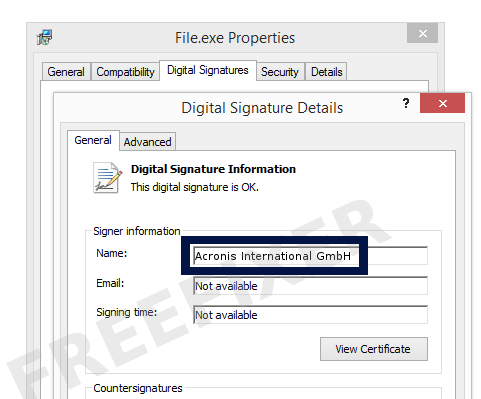 Screenshot of the Acronis International GmbH certificate